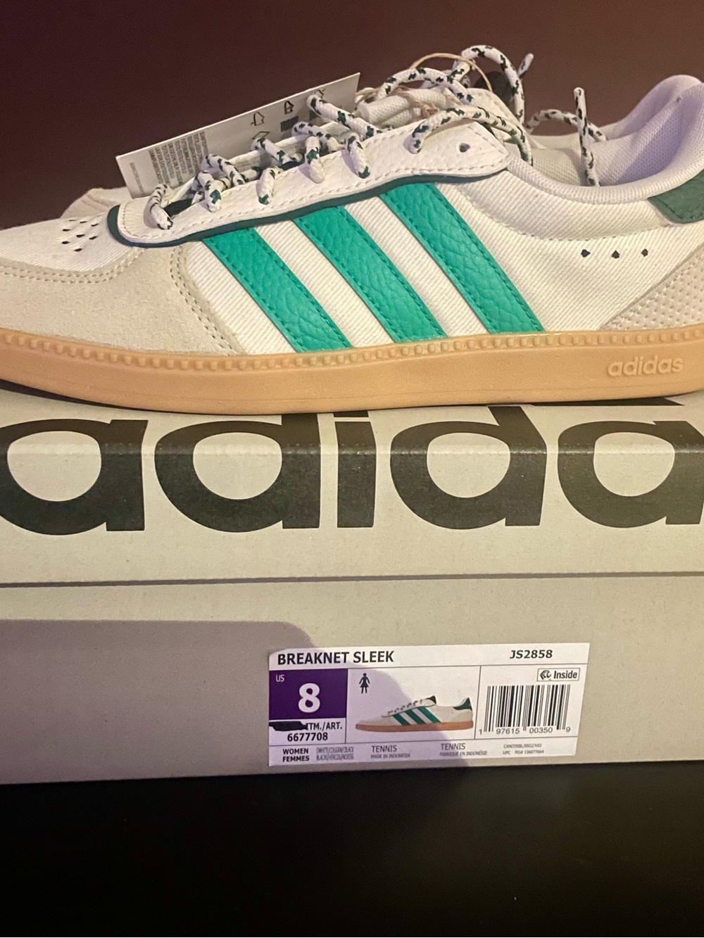adidas Women’s White Sneakers with Green Stripes and Gum Sole